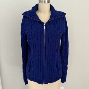 CHAPS Women's Sweater Blue Large Cable Knit Full Zip Up Cotton Size XL